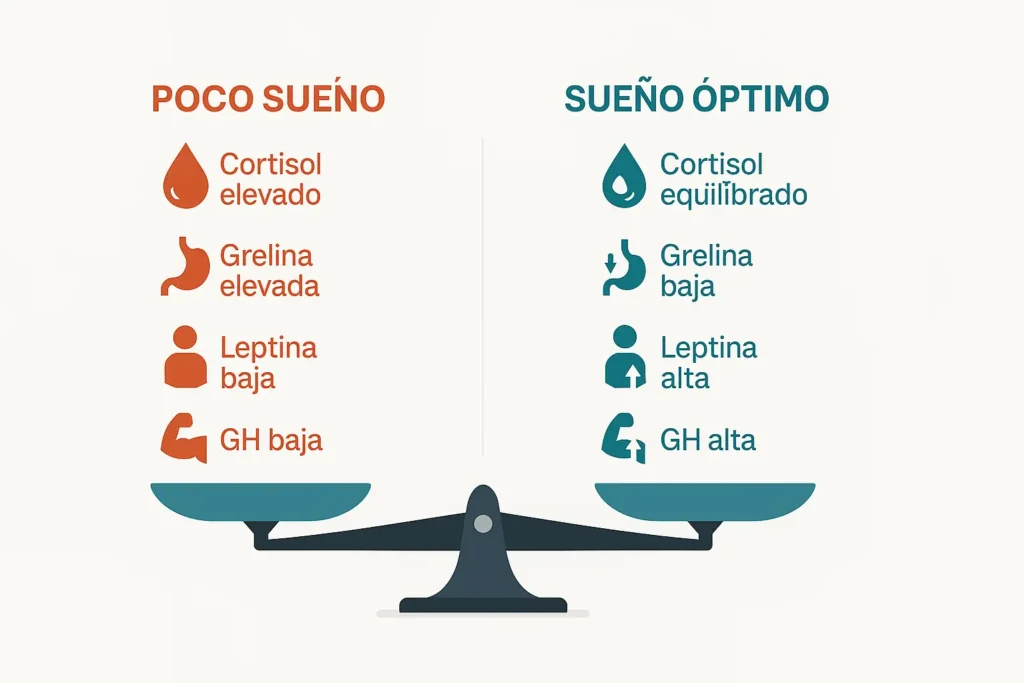 Infografía mostrando el impacto del sueño en hormonas clave para el fitness como GH, cortisol, leptina y grelina.