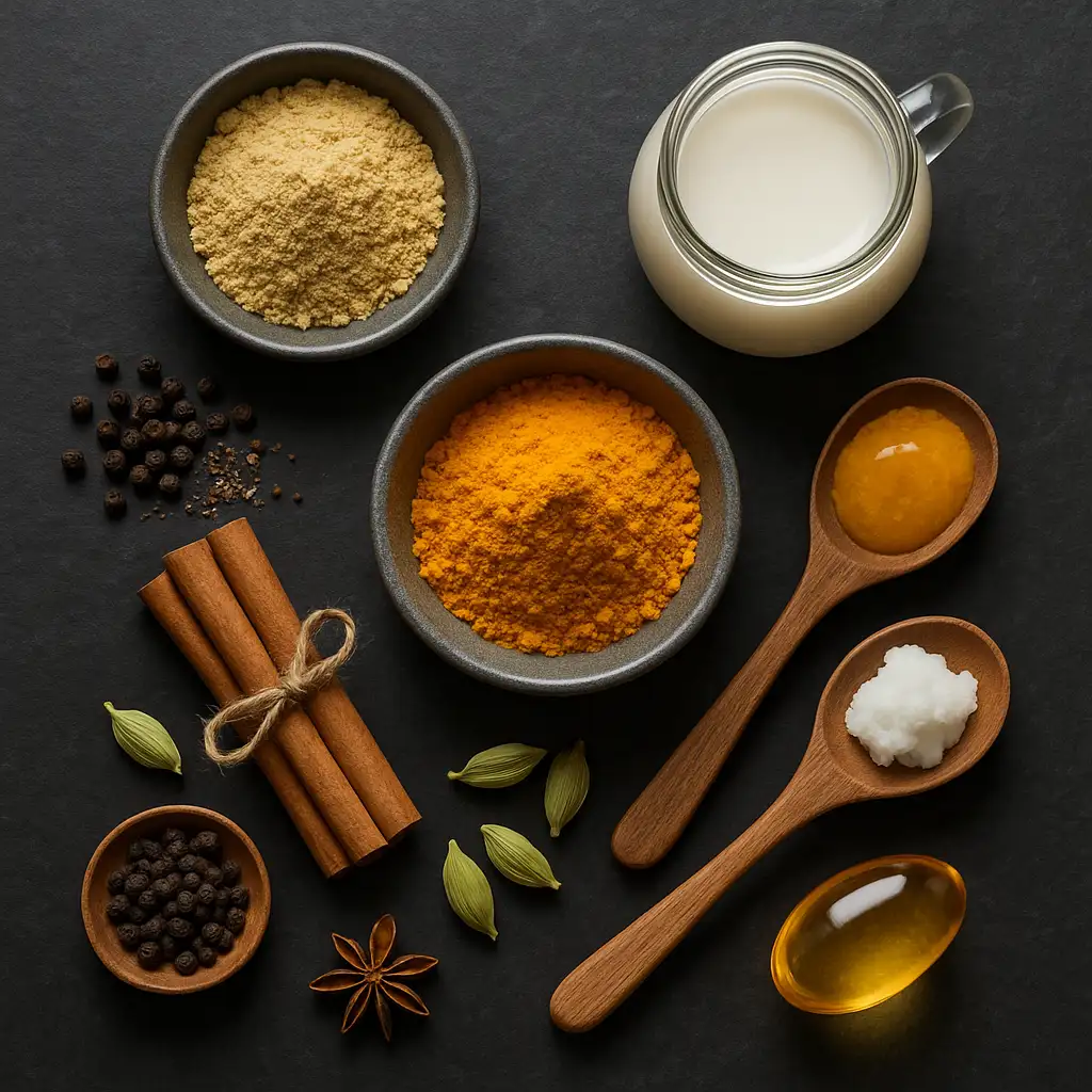Ingredientes para la Leche Dorada (cúrcuma, jengibre, pimienta negra, canela, cardamomo) dispuestos artísticamente sobre una superficie oscura.
