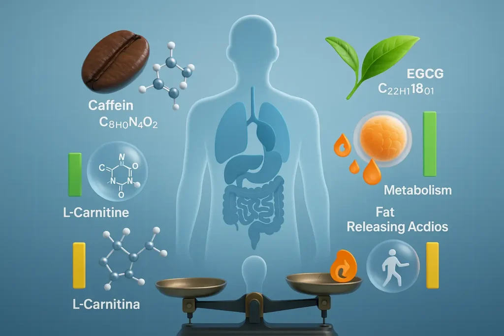 Infografía mostrando ingredientes comunes de suplementos 'quema grasa' (cafeína, té verde, L-Carnitina) y su nivel de evidencia científica.