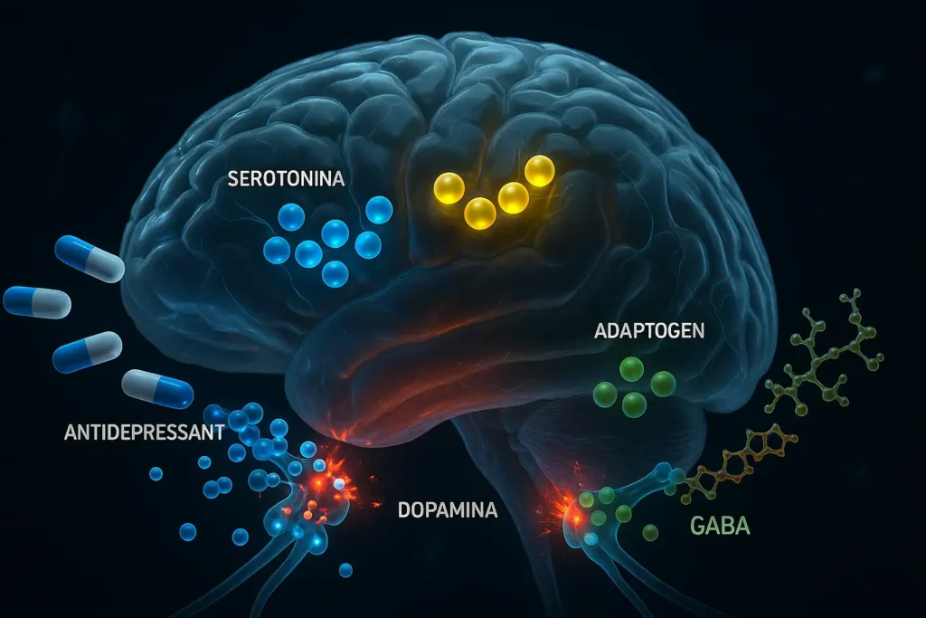 Ilustración 3D de moléculas de adaptógenos y antidepresivos compitiendo o interactuando en receptores cerebrales.