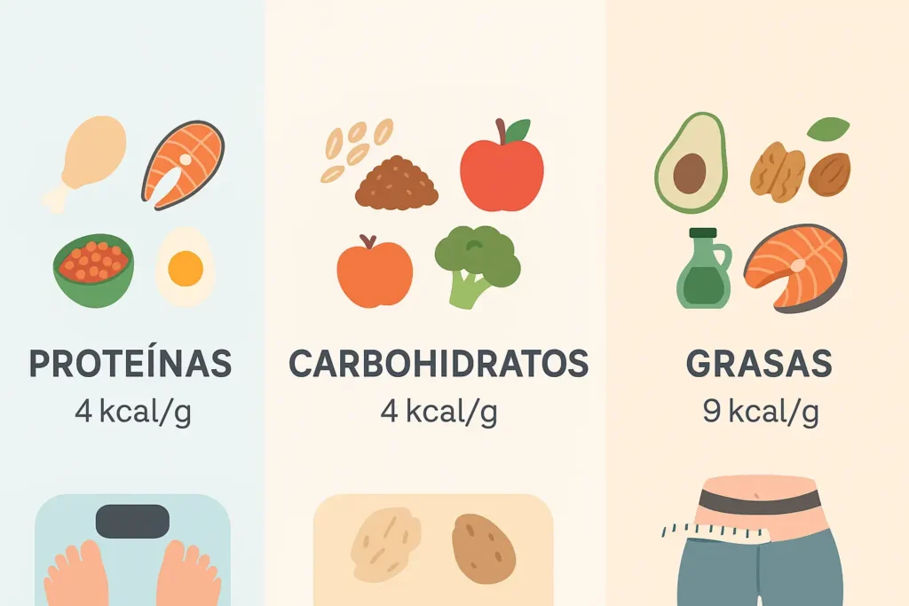Infografía explicando los tres macronutrientes principales: proteínas, carbohidratos y grasas, con ejemplos de alimentos.
