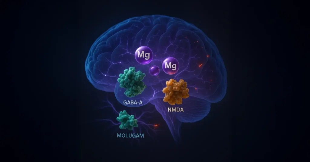 Ilustración 3D de moléculas de magnesio interactuando con receptores GABA y NMDA en el cerebro para promover la calma y el sueño.