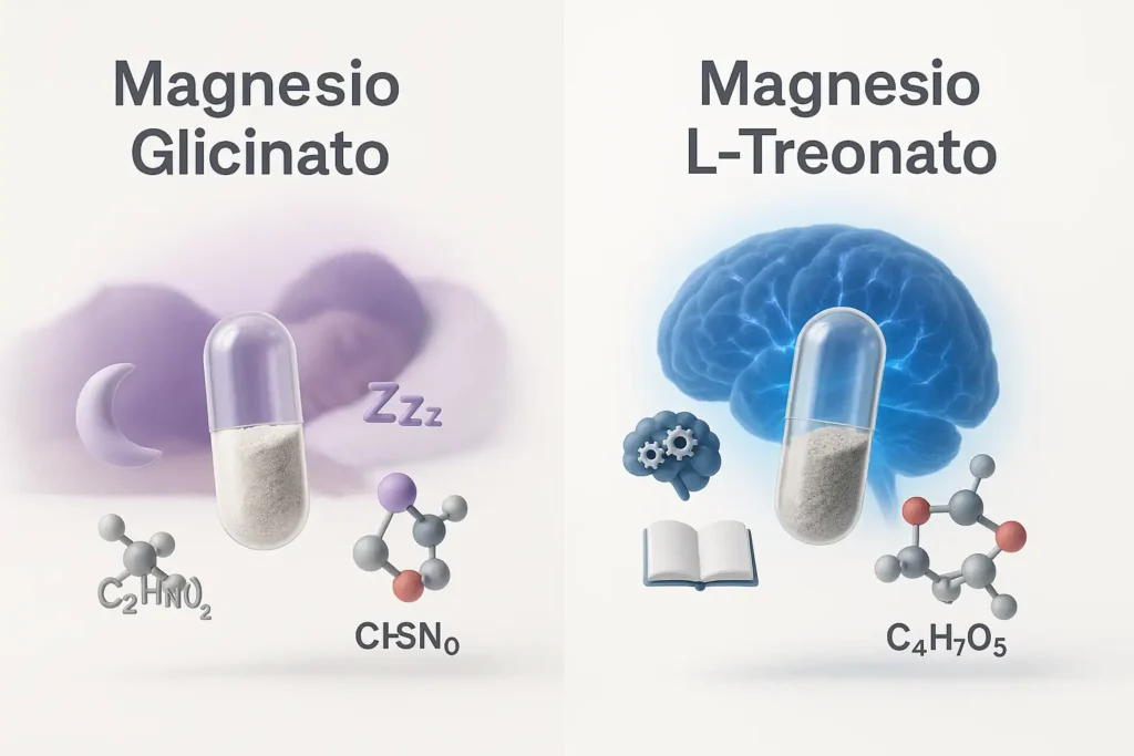 Comparación visual del Magnesio Glicinato (asociado al sueño y calma) y el Magnesio L-Treonato (asociado a la cognición y salud cerebral).