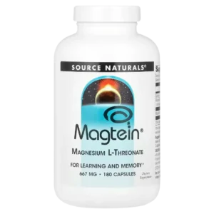 Frasco de Magnesio L-Treonato Magtein® de Source Naturals, 667 mg por cápsula, 180 cápsulas. Suplemento para aprendizaje y memoria. Compra online en Suplenet Colombia.
