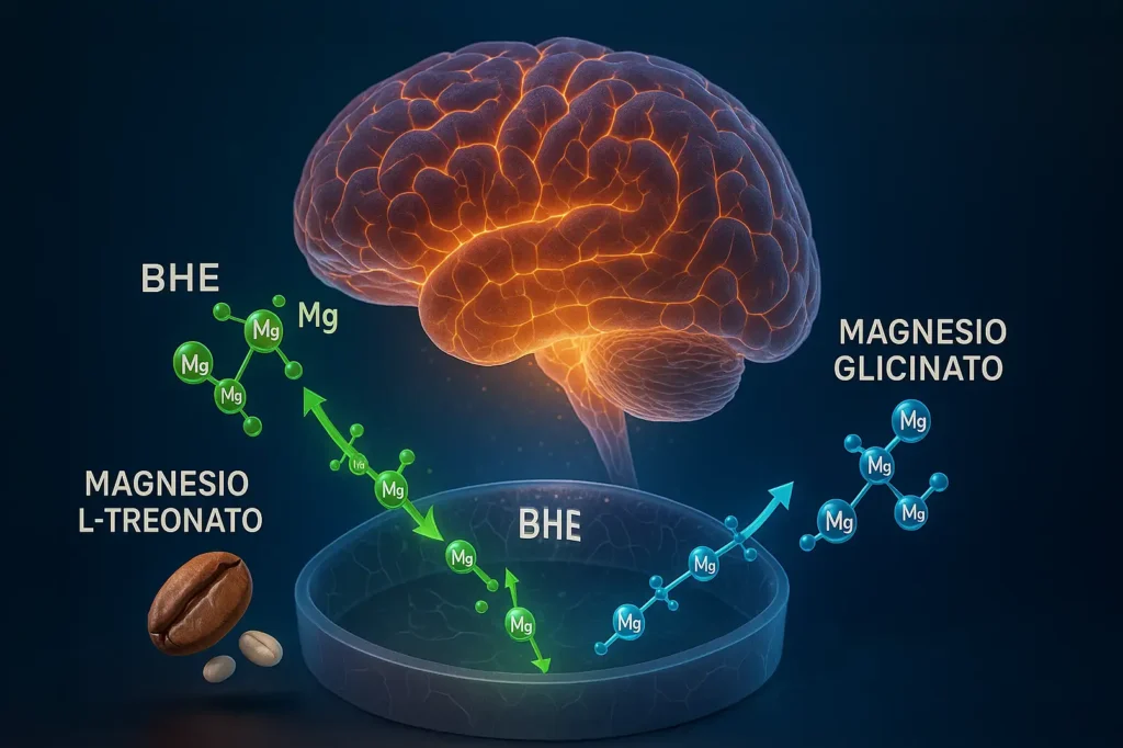 Comparación 3D de moléculas de Magnesio L-Treonato y Magnesio Glicinato cruzando la barrera hematoencefálica hacia el cerebro.
