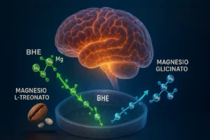 Comparación 3D de moléculas de Magnesio L-Treonato y Magnesio Glicinato cruzando la barrera hematoencefálica hacia el cerebro.