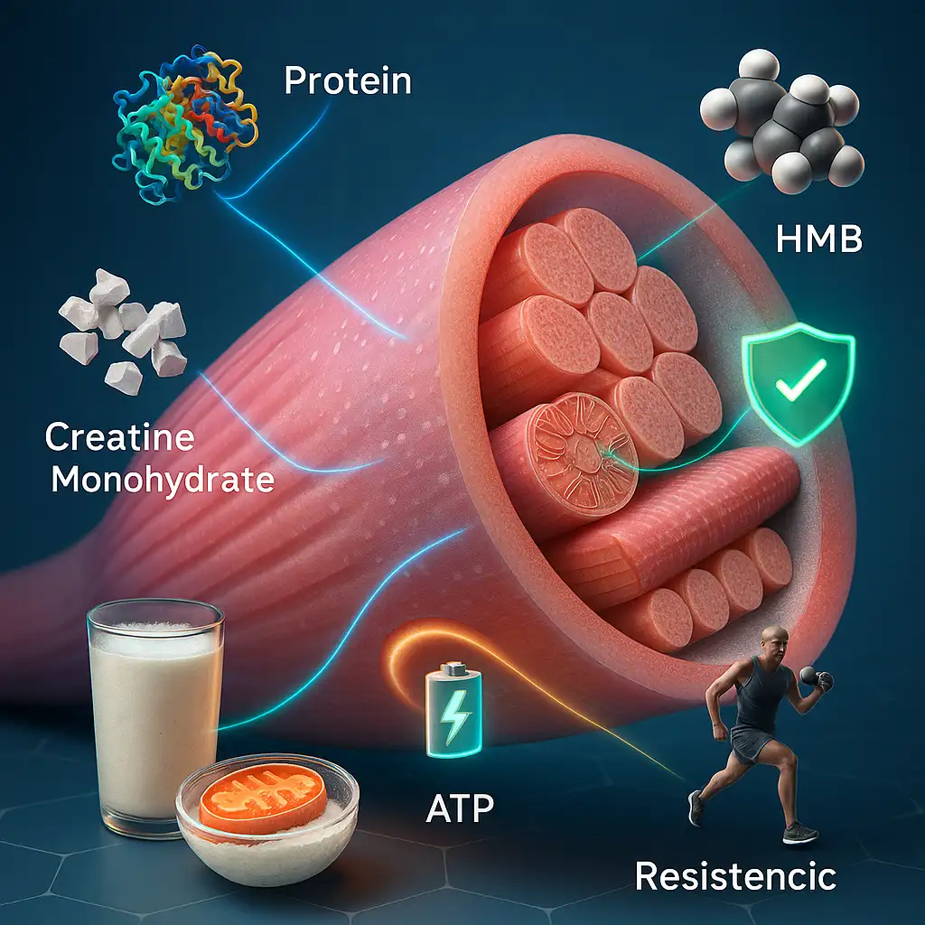 Ilustración científica 3D mostrando cómo la proteína, creatina y HMB actúan a nivel celular para promover la ganancia muscular.