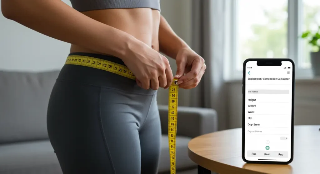 Mujer midiendo la circunferencia de su cadera con una cinta métrica para usar los datos en una calculadora de composición corporal online.