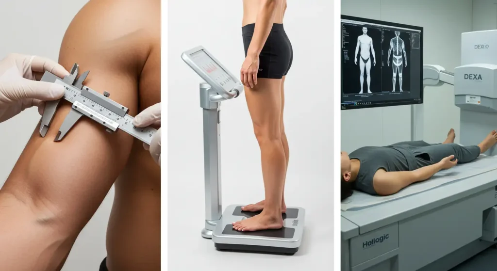 Comparativa de métodos para medir grasa corporal: plicómetro, báscula de bioimpedancia y escáner DEXA.
