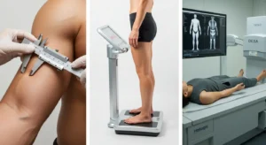 Comparativa de métodos para medir grasa corporal: plicómetro, báscula de bioimpedancia y escáner DEXA.