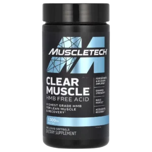 Frasco de MuscleTech Clear Muscle con HMB Ácido Libre BetaTOR®, 84 cápsulas líquidas. Suplemento para ganancia muscular y recuperación. Compra online en Suplenet Colombia.