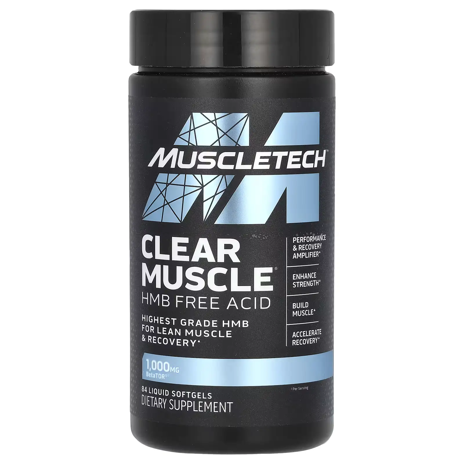 Frasco de MuscleTech Clear Muscle con HMB Ácido Libre BetaTOR®, 84 cápsulas líquidas. Suplemento para ganancia muscular y recuperación. Compra online en Suplenet Colombia.