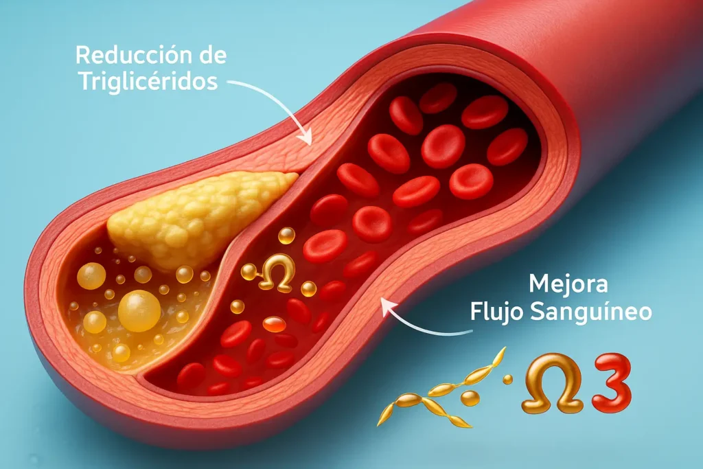 Ilustración 3D de un vaso sanguíneo comparando el efecto de un perfil lipídico no saludable (placas, altos triglicéridos) con uno saludable influenciado por Omega-3 (vaso limpio, bajos triglicéridos).