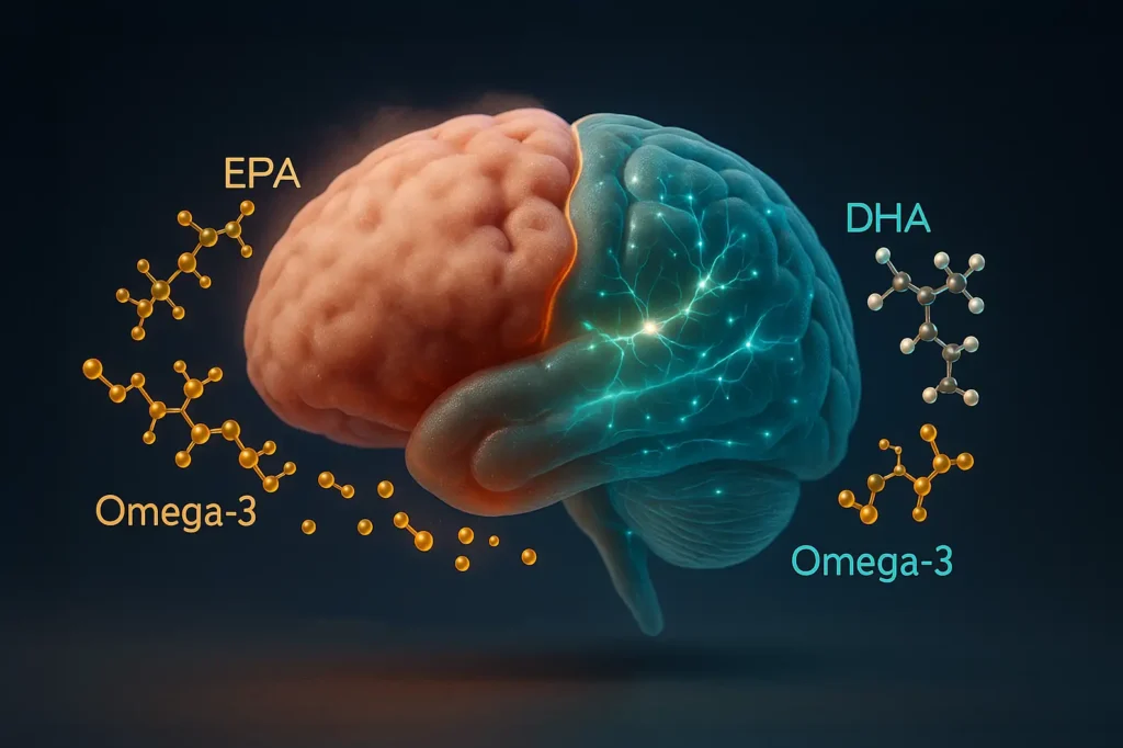 Cerebro humano dividido, mostrando un lado con neuroinflamación y niebla mental, y el otro lado claro y saludable gracias al Omega-3.