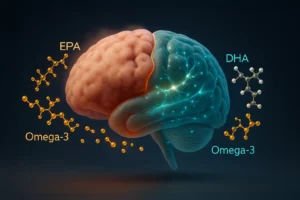Cerebro humano dividido, mostrando un lado con neuroinflamación y niebla mental, y el otro lado claro y saludable gracias al Omega-3.