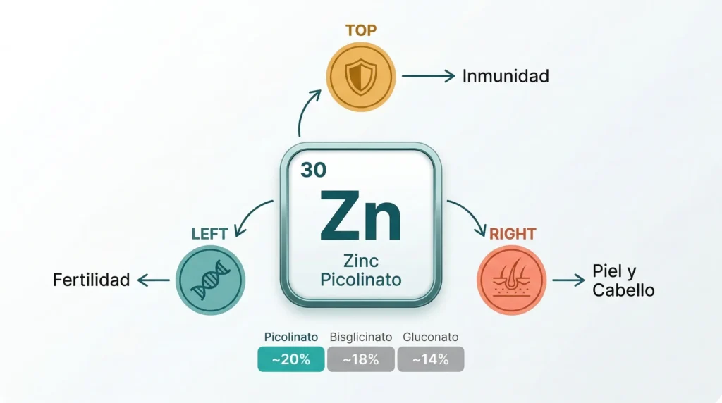 Ficha del picolinato de zinc (Zn): forma quelada con alta biodisponibilidad, beneficios en inmunidad, fertilidad y salud de piel y cabello, comparada con bisglicinato y gluconato