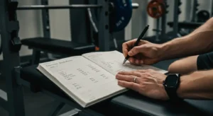 Entrenador planificando un entrenamiento de fuerza en una libreta, utilizando el 1RM estimado para calcular series, repeticiones y cargas.