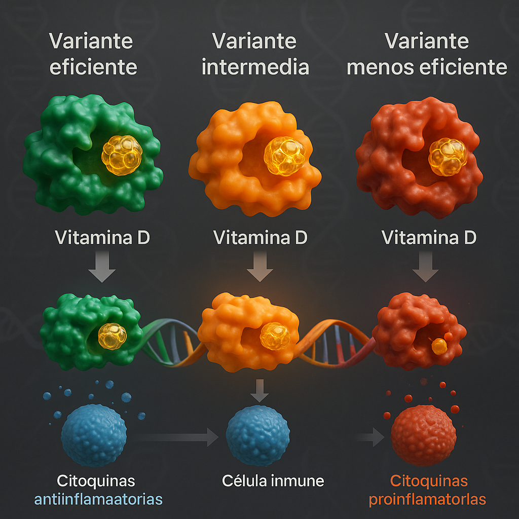 Tres variantes del receptor VDR (polimorfismos) mostrando su diferente capacidad para unirse a la Vitamina D e influir en la respuesta de una célula inmune.