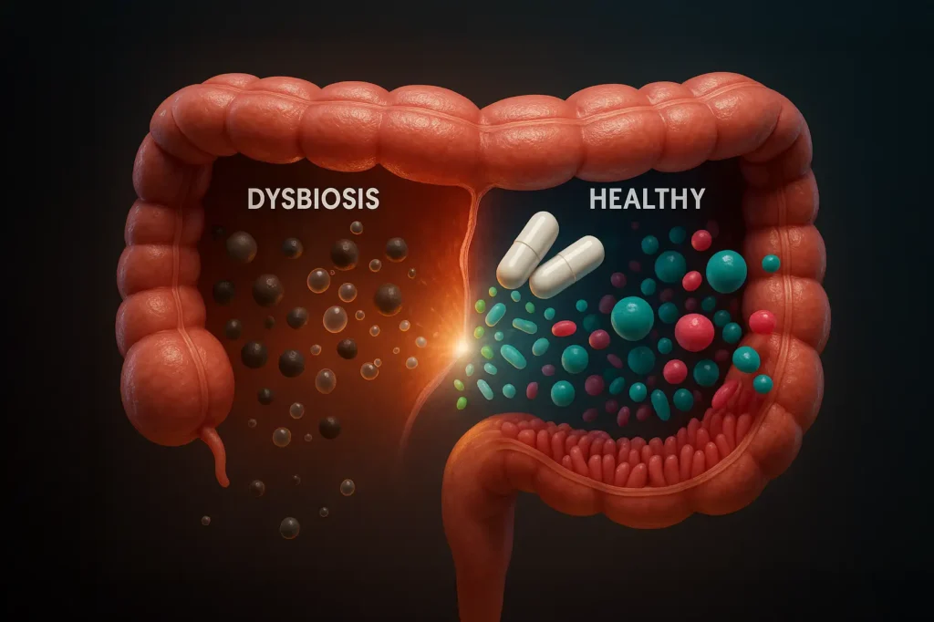 Ilustración 3D del intestino con disbiosis causando hinchazón y cómo los probióticos ayudan a restaurar el equilibrio de la microbiota.