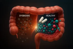 Ilustración 3D del intestino con disbiosis causando hinchazón y cómo los probióticos ayudan a restaurar el equilibrio de la microbiota.