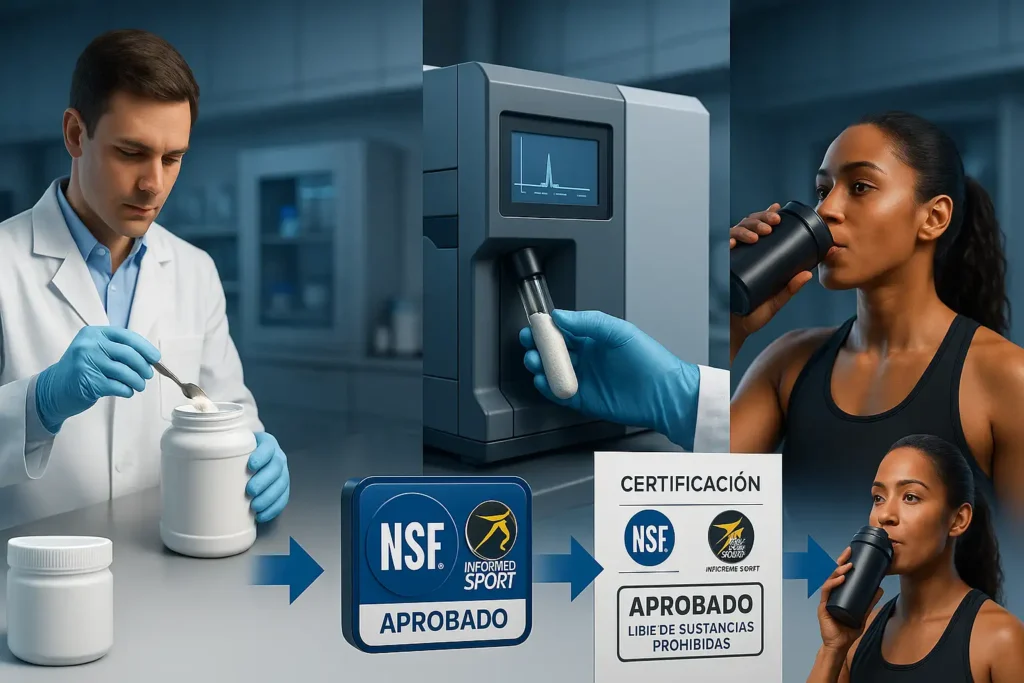 Infografía mostrando el proceso de certificación de suplementos por NSF e Informed-Sport: muestreo, análisis de laboratorio, aprobación y consumo seguro por atletas.