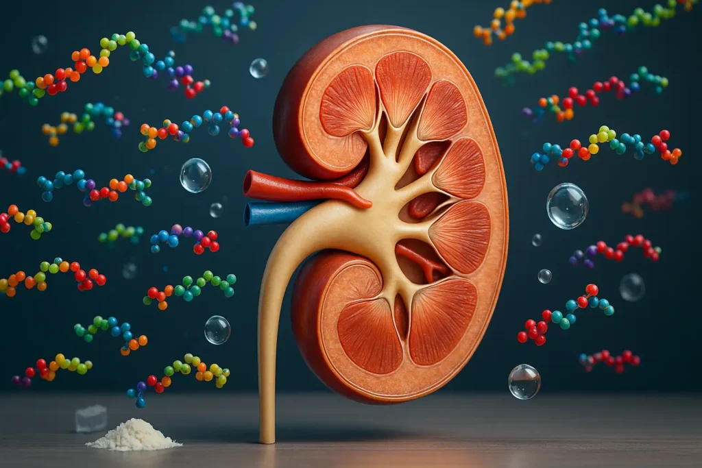 Riñón humano sano procesando moléculas de proteína, ilustrando que la alta ingesta no daña riñones sanos.