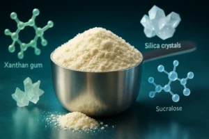 Scoop de proteína en polvo con representaciones moleculares de excipientes como gomas, antiaglomerantes y edulcorantes flotando alrededor.