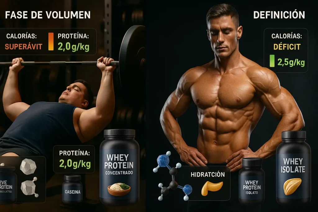 Comparación de dos atletas, uno en fase de volumen (más grande, superávit calórico, proteína alta) y otro en fase de definición (definido, déficit calórico, proteína muy alta).