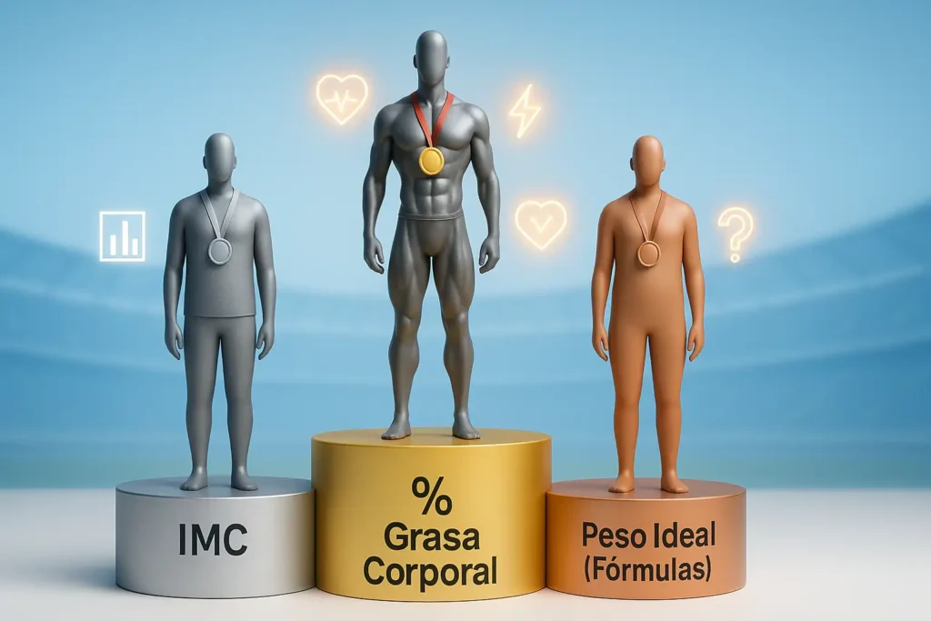 Podio mostrando la relevancia del % Grasa Corporal (oro), IMC (plata) y Peso Ideal (bronce) según diferentes objetivos de salud y fitness.