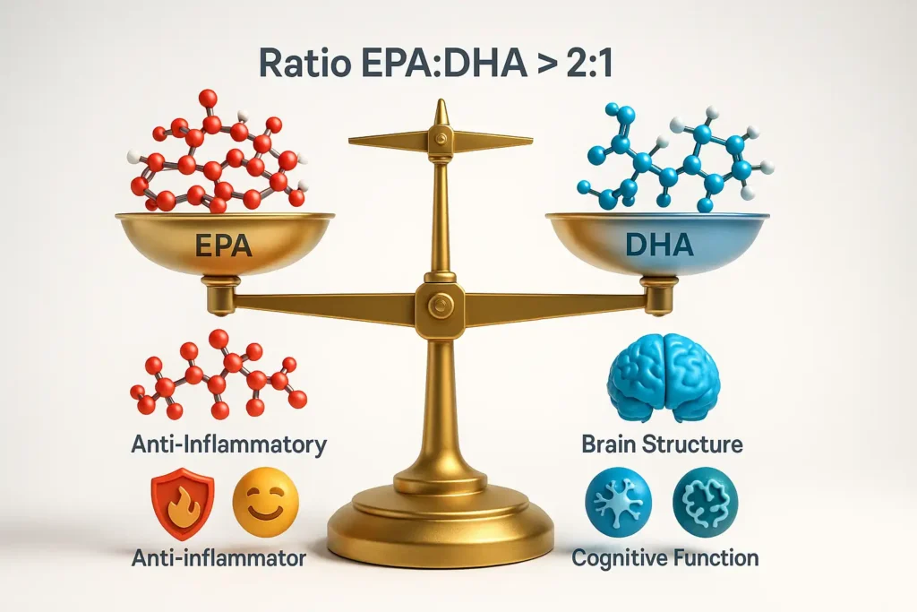 Balanza mostrando un ratio EPA/DHA superior a 2:1, con iconos de los beneficios antiinflamatorios del EPA y estructurales del DHA para el cerebro.