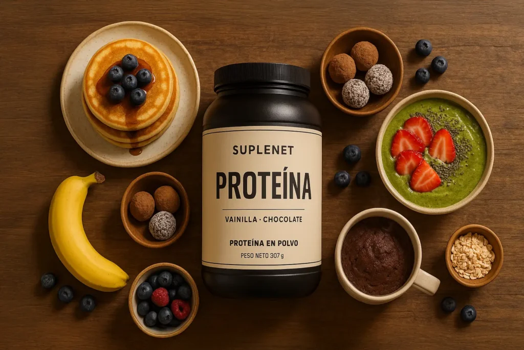 Bodegón con un envase de proteína en polvo Suplenet rodeado de platos terminados: pancakes proteicos, trufas, smoothie bowl y mug cake.