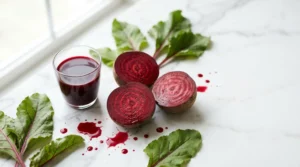 Remolachas enteras cortadas por la mitad mostrando su interior rojo intenso junto a un vaso de jugo de remolacha sobre superficie de mármol