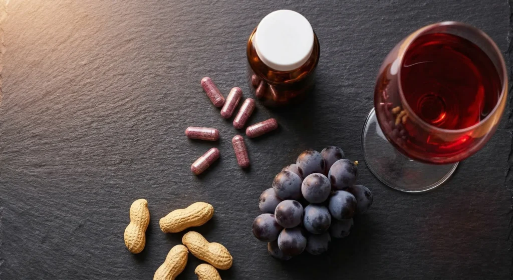 Cápsulas de trans-resveratrol junto a racimo de uvas tintas y copa de vino, fuentes naturales de este polifenol antioxidante
