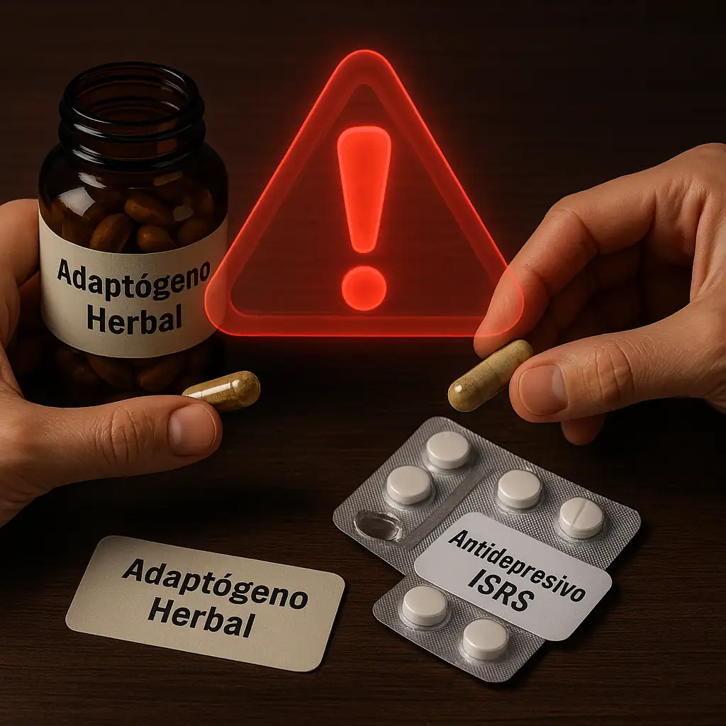 ¡Precaución! Adaptógenos y Medicamentos Psicotrópicos Pueden No Ser Compatibles Mano a punto de tomar una cápsula de adaptógeno y una pastilla de antidepresivo, con un símbolo de alerta de interacción peligrosa.