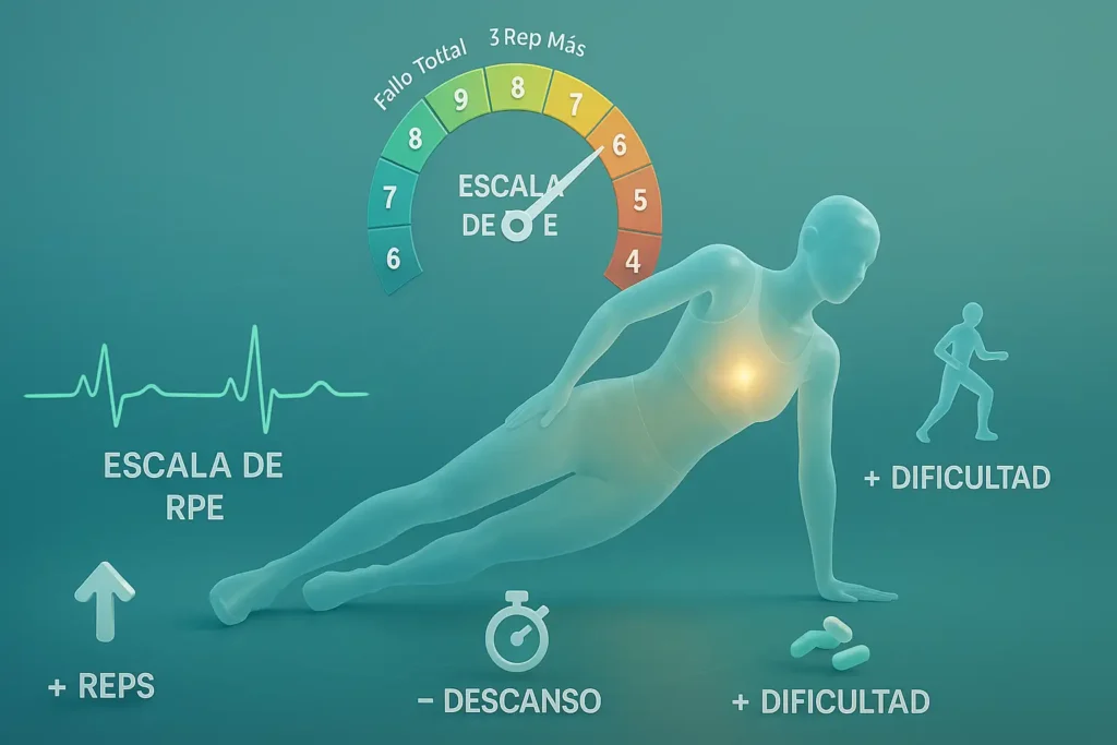 Infografía explicando el uso del RPE (Índice de Esfuerzo Percibido) y diferentes métodos de sobrecarga progresiva para el entrenamiento con peso corporal.