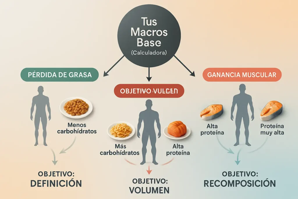 Diagrama mostrando cómo se ajustan los macronutrientes (proteína, carbohidratos, grasas) para diferentes metas: pérdida de grasa, ganancia de músculo o recomposición.