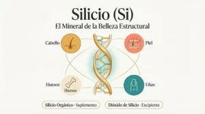 Infografía del silicio: triple hélice de colágeno con entrecruzamientos, mostrando las funciones del silicio en cabello, piel, huesos y uñas, con distinción entre silicio orgánico (suplemento) y dióxido de silicio (excipiente)