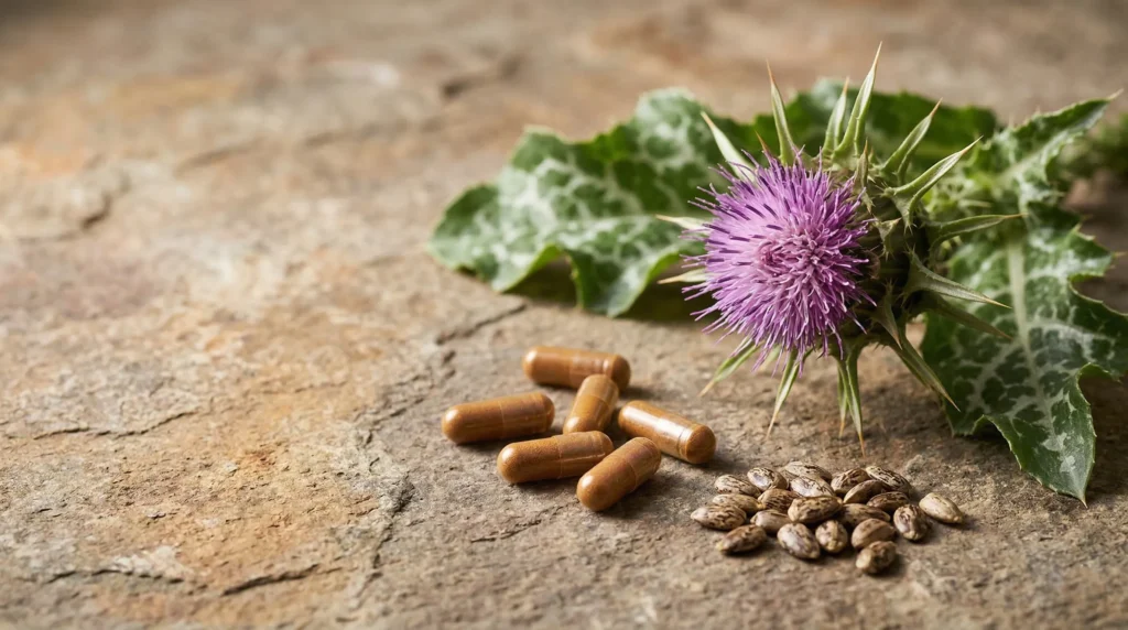 Flor púrpura de cardo mariano (Silybum marianum) junto a cápsulas de silimarina, el extracto hepatoprotector de esta planta