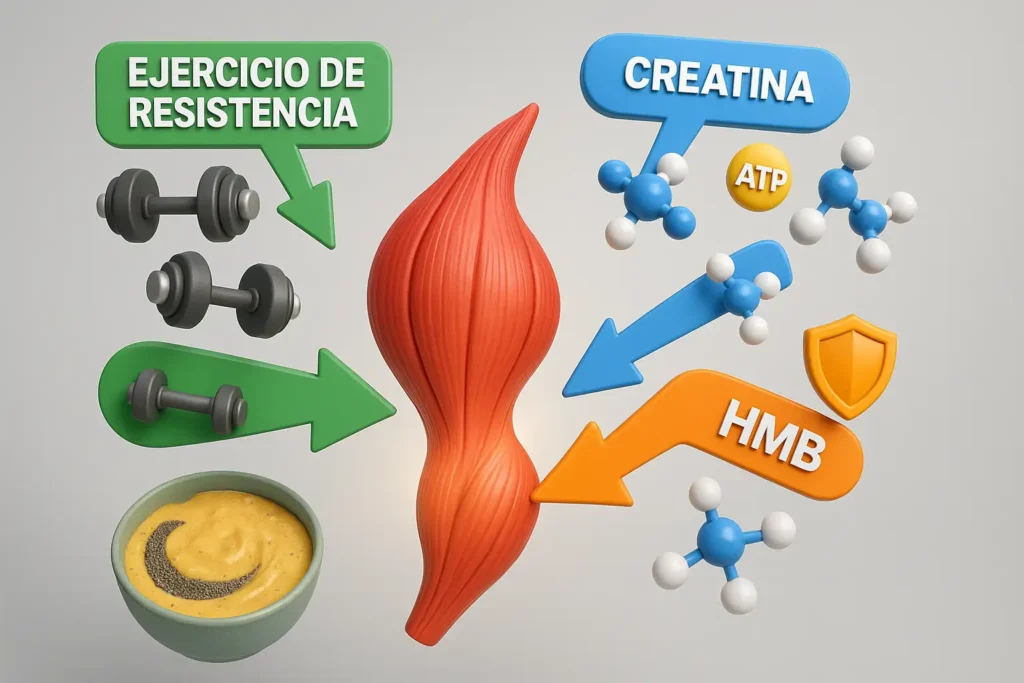 Infografía mostrando la sinergia del ejercicio de resistencia, creatina y HMB actuando sobre un músculo para combatir la sarcopenia.