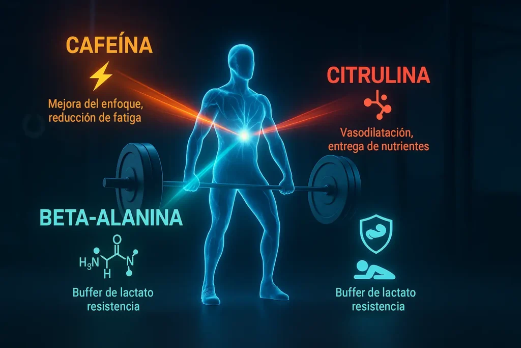 Infografía mostrando la sinergia de cafeína, citrulina y beta-alanina en un atleta, mejorando enfoque, pump y resistencia.