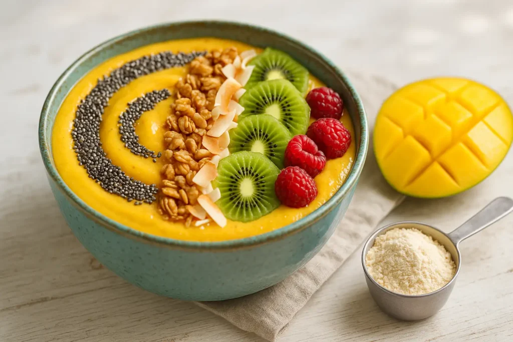 Smoothie bowl proteico de mango y plátano servido en un bol de cerámica, decorado artísticamente con granola, coco, chía, kiwi y frambuesas.