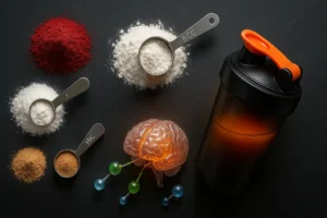 Disposición de polvos de suplementos pre-entreno (citrulina, beta-alanina, cafeína) con cucharas dosificadoras y un shaker, representando el concepto de stacking.
