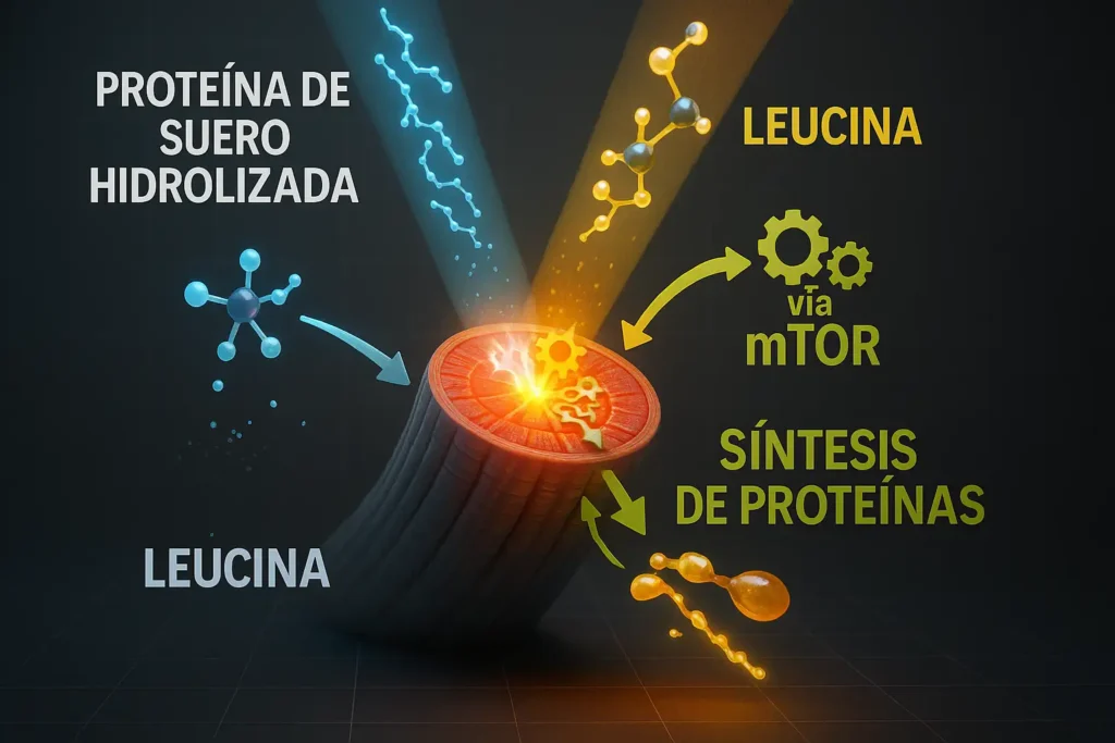 Infografía 3D mostrando cómo la proteína de suero hidrolizada y la leucina activan la vía mTOR y la síntesis de proteínas musculares en una fibra muscular envejecida.