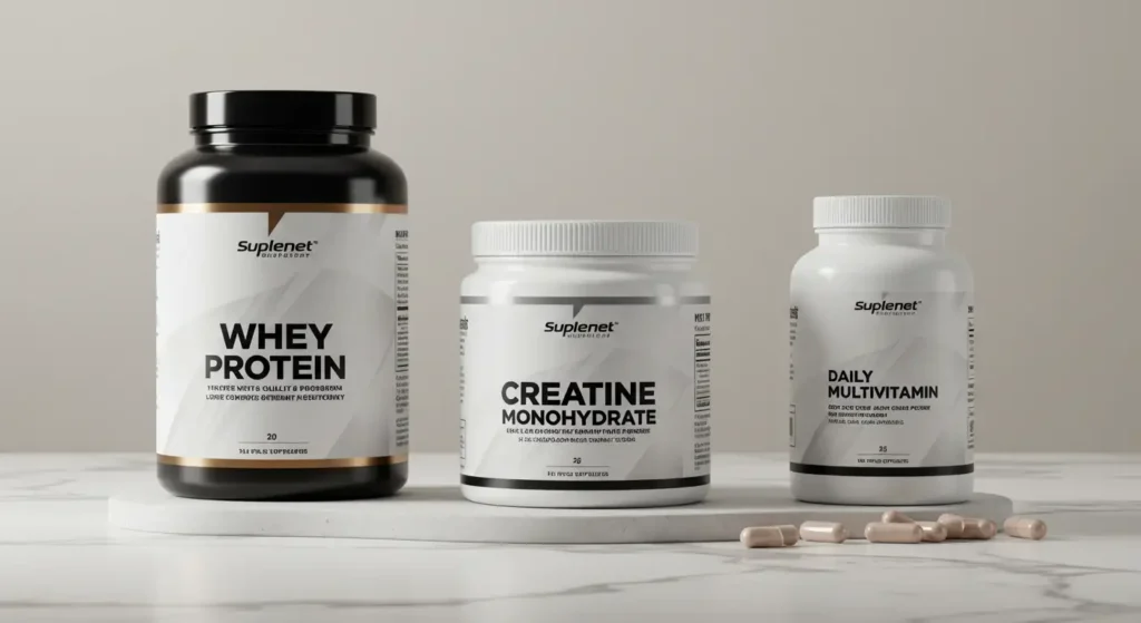 Envases de proteína en polvo, creatina y multivitamínicos, representando los suplementos clave para principiantes.