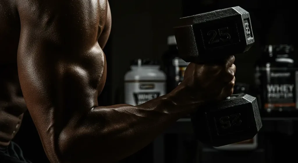 Brazo masculino muy musculoso y definido sosteniendo una mancuerna pesada, con suplementos para masa muscular en el fondo desenfocado.