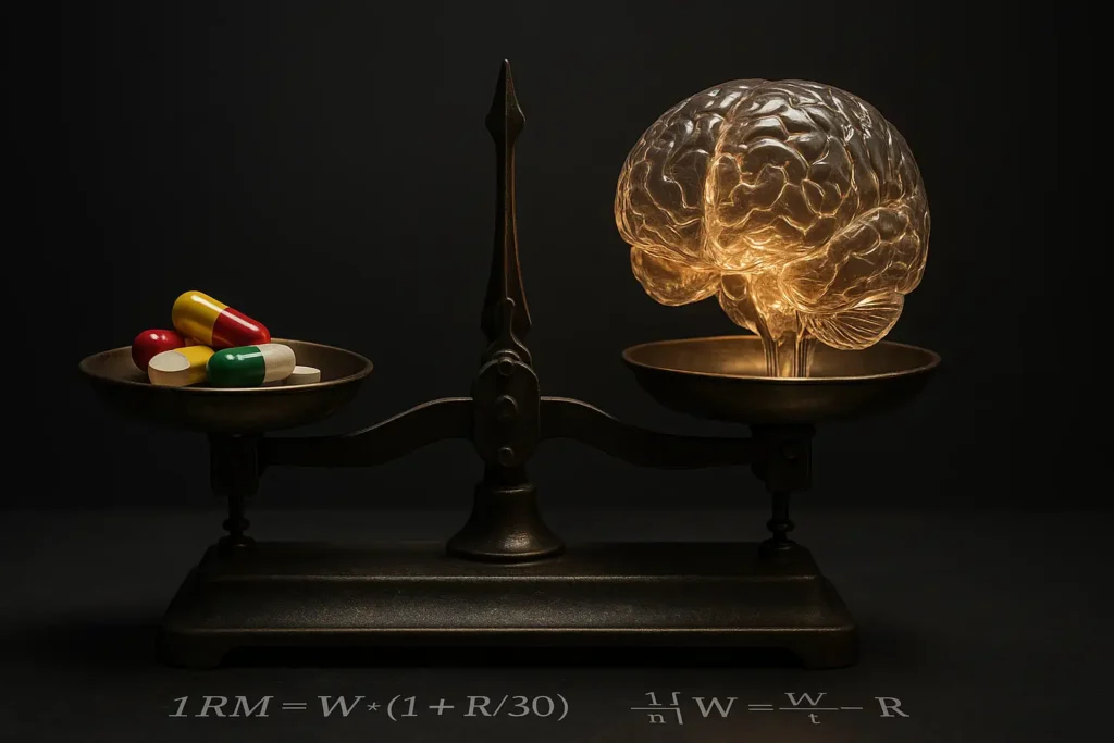 Balanza con suplementos 'quema grasa' en un lado y un cerebro de cristal (ciencia) en el otro, inclinada hacia la ciencia.