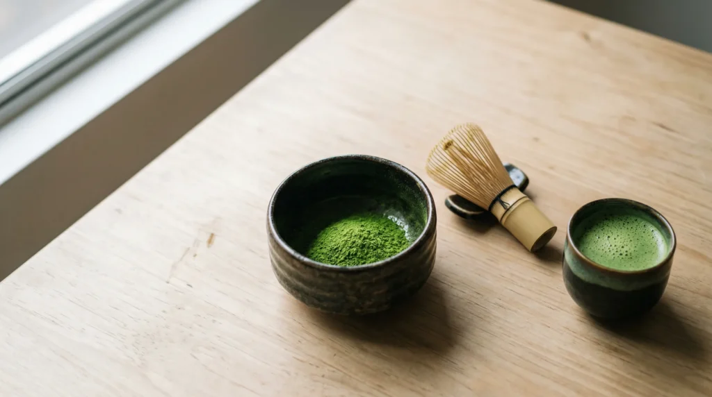 Polvo de té matcha verde brillante en cuenco de cerámica japonés junto a un chasen (batidor de bambú) y taza de matcha preparado sobre superficie de madera