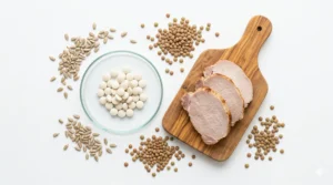 Tabletas de tiamina junto a lentejas, semillas de girasol y cerdo como fuentes naturales