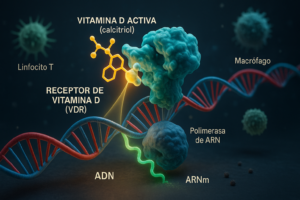 Molécula de Vitamina D uniéndose al receptor VDR e interactuando con el ADN para regular la expresión de genes inmunológicos.