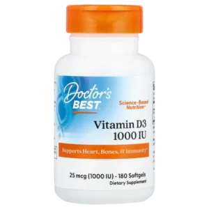Frasco de Vitamina D3 Doctor's Best 1000 UI (25 mcg), 180 softgels. Apoya salud ósea, corazón e inmunidad. Compra online en Suplenet Colombia.